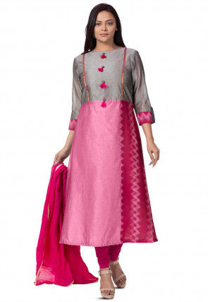 Plain Chanderi Cotton A Line Suit in Pink and Grey