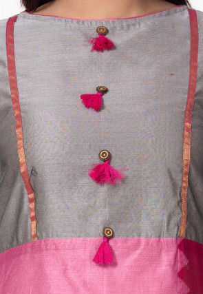 Plain Chanderi Cotton A Line Suit in Pink and Grey