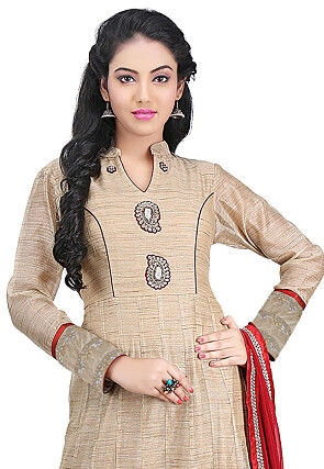 Plain Chanderi Cotton Abaya Style Suit in Dark Beige