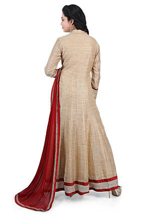 Plain Chanderi Cotton Abaya Style Suit in Dark Beige
