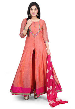 Plain Chanderi Cotton Abaya Style Suit in Peach