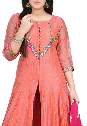 Plain Chanderi Cotton Abaya Style Suit in Peach
