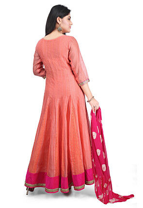 Plain Chanderi Cotton Abaya Style Suit in Peach