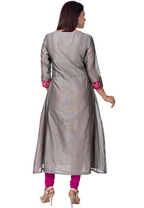Plain Chanderi Cotton Straight Suit in Grey