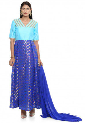 Plain Chanderi Jacquard Abaya Style Suit in Blue