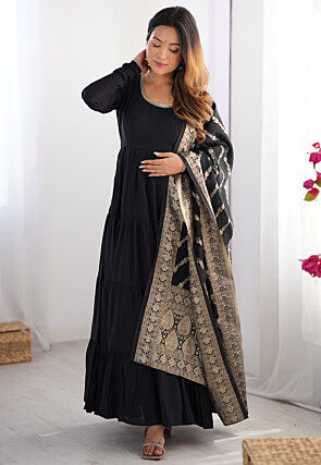 Plain Chanderi Silk Abaya Style Suit in Black