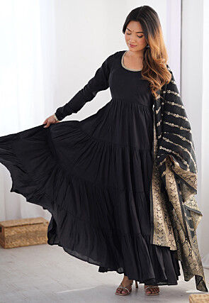 Plain Chanderi Silk Abaya Style Suit in Black
