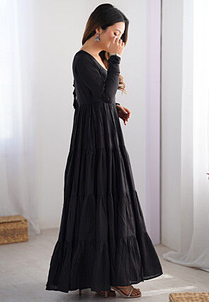 Plain Chanderi Silk Abaya Style Suit in Black