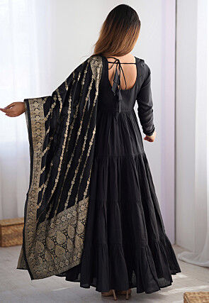 Plain Chanderi Silk Abaya Style Suit in Black