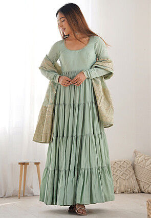 Plain Chanderi Silk Abaya Style Suit in Dusty Green