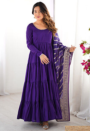 Plain Chanderi Silk Abaya Style Suit in Purple