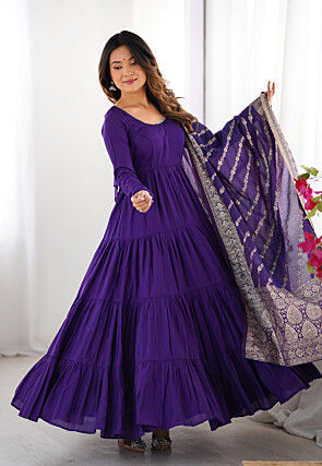 Plain Chanderi Silk Abaya Style Suit in Purple
