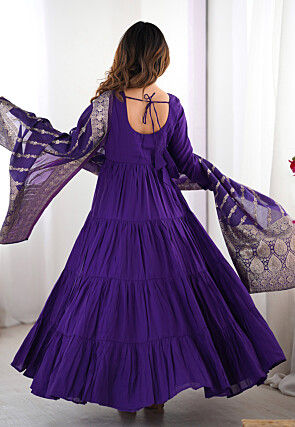 Plain Chanderi Silk Abaya Style Suit in Purple