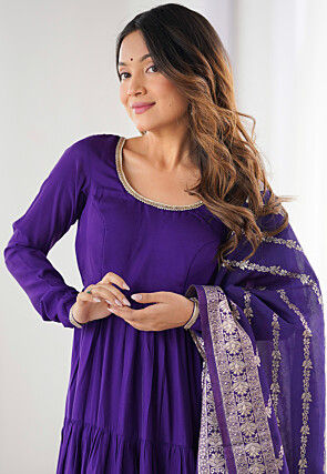 Plain Chanderi Silk Abaya Style Suit in Purple