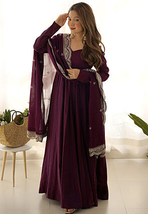 Plain Chanderi Silk Abaya Style Suit in Wine
