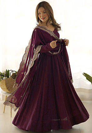 Plain Chanderi Silk Abaya Style Suit in Wine