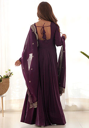 Plain Chanderi Silk Abaya Style Suit in Wine