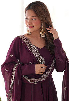 Plain Chanderi Silk Abaya Style Suit in Wine