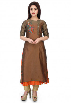 Plain Chanderi Silk Layered Kurta Set in Copper
