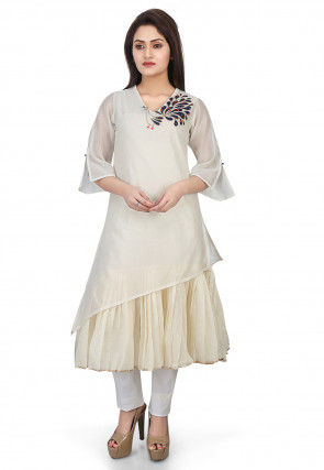 Plain Chanderi Silk Layered Kurta Set in Off White