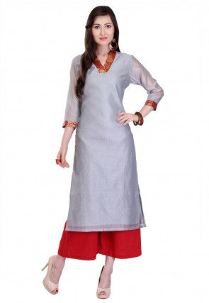 Plain Chanderi Silk Long Kurta in Grey