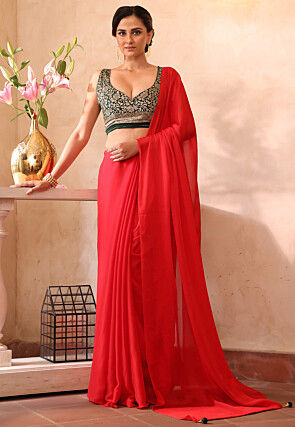 Solid Color Chiffon Saree in Red