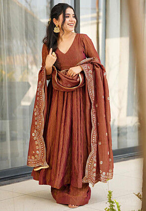 Plain Chinon Silk Anarkali Suit in Brown