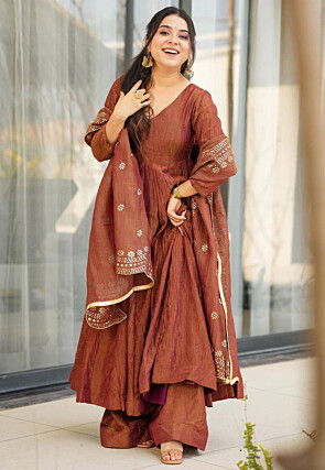 Plain Chinon Silk Anarkali Suit in Brown