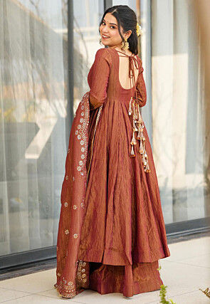 Plain Chinon Silk Anarkali Suit in Brown