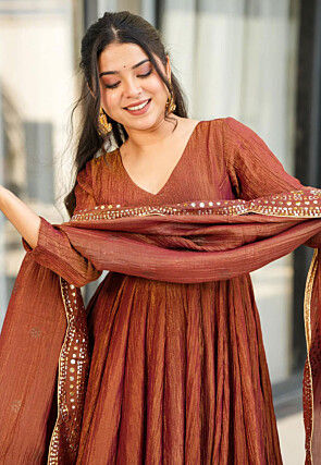 Plain Chinon Silk Anarkali Suit in Brown