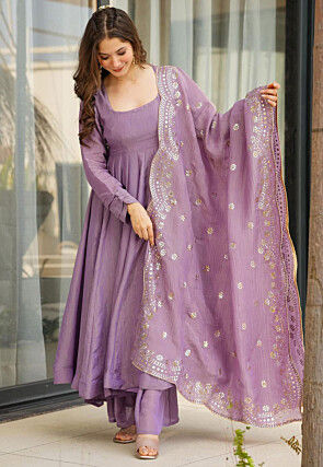 Plain Chinon Silk Anarkali Suit in Light Purple