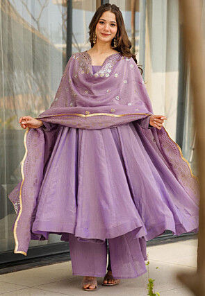 Plain Chinon Silk Anarkali Suit in Light Purple