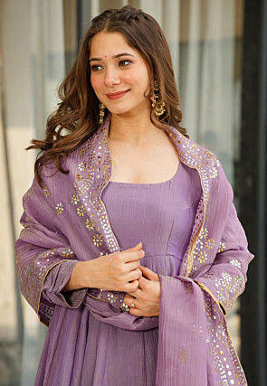 Plain Chinon Silk Anarkali Suit in Light Purple