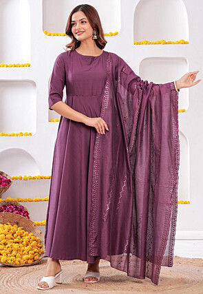 Plain Cotton A Line Suit in Purple