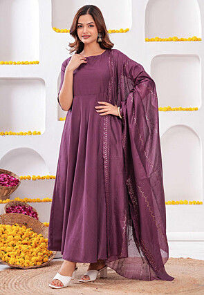 Plain Cotton A Line Suit in Purple