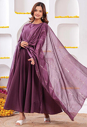 Plain Cotton A Line Suit in Purple