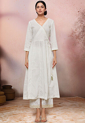 Plain Cotton Angrakha Style Kurta Set in Off White