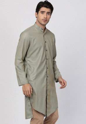 Plain Cotton Asymmetric Short Kurta in Grey