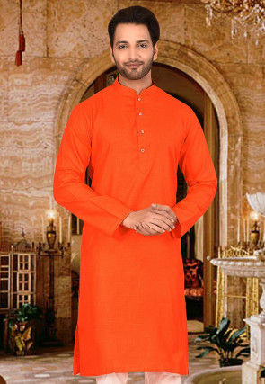 New Men'S Traditional Indian Casual Orange Cotton Short Kurta-Long Sleeve 