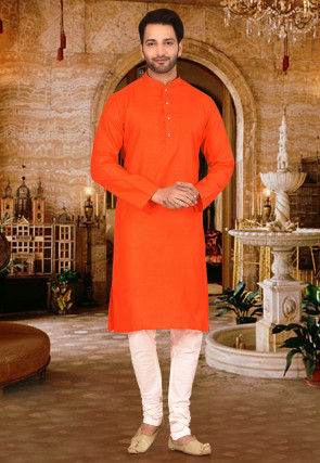 Plain Cotton Kurta in Orange