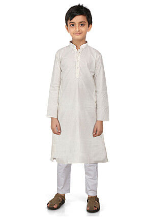 Plain Cotton Kurta Set in Off White