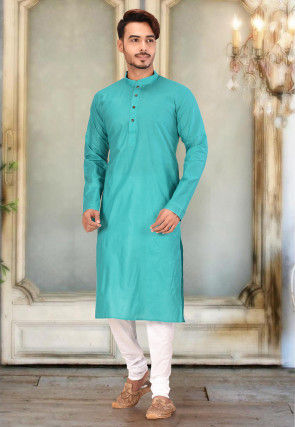 Plain Cotton Kurta Set in Teal Green 