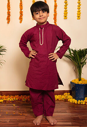 Plain Cotton Kurta Set in Wine