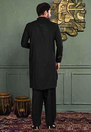 Plain Cotton Linen Pathani Suit in Black