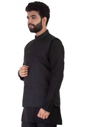 Plain Cotton Nehru Jacket in Black