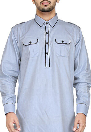 Plain Cotton Pathani Suit in Light Blue