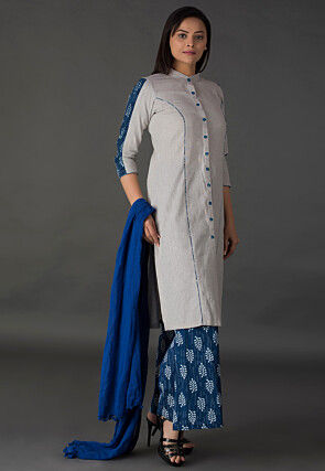 Plain Cotton Pakistani Suit in Light Grey