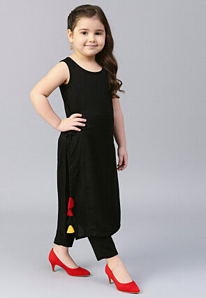 Plain Cotton Rayon Straight Kurta Set in Black