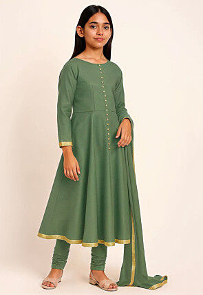 Plain Cotton Silk A Line Suit in Dusty Green