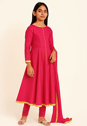Plain Cotton Silk A Line Suit in Fuchsia